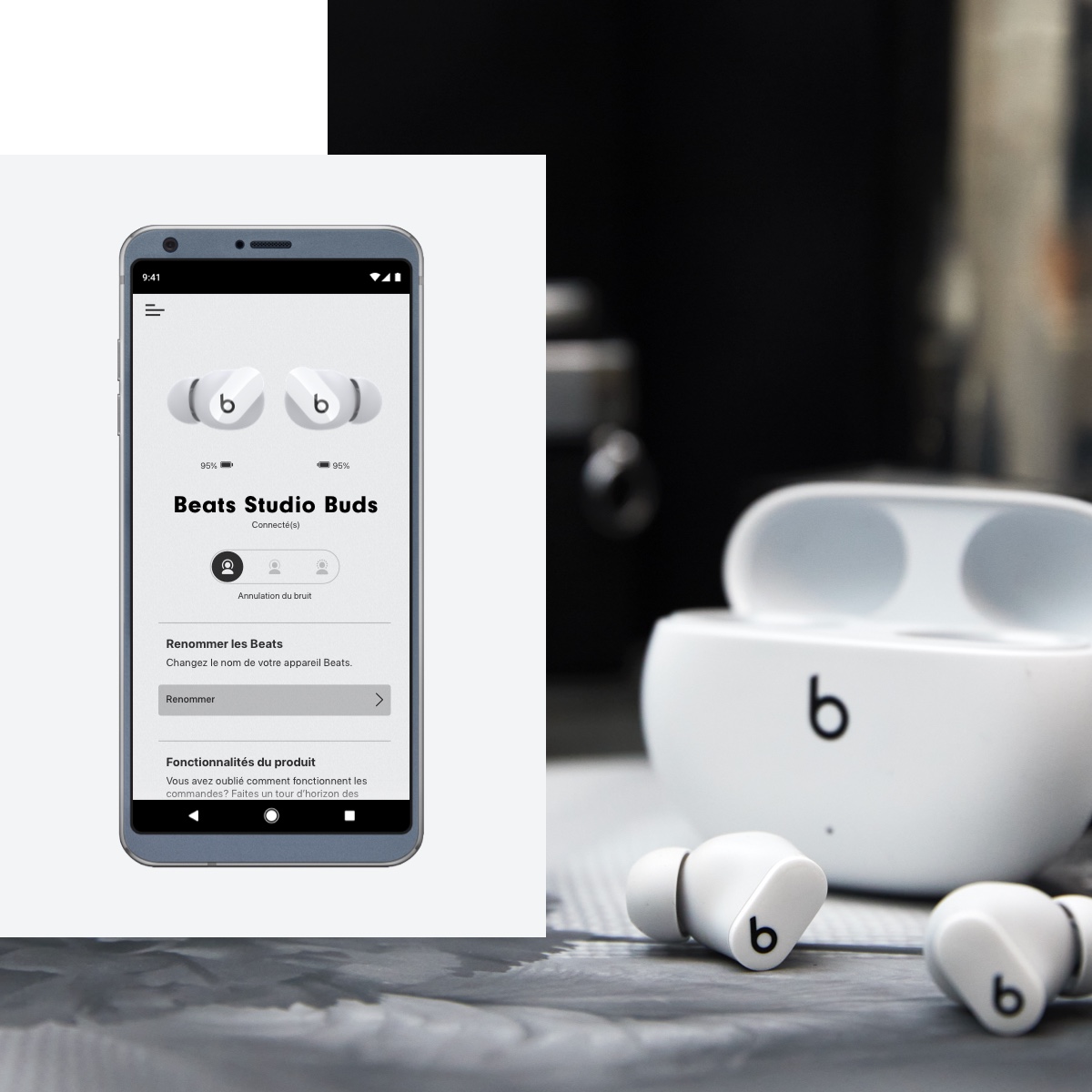 Écrans montrant les fonctionnalités de l’app Beats pour Android