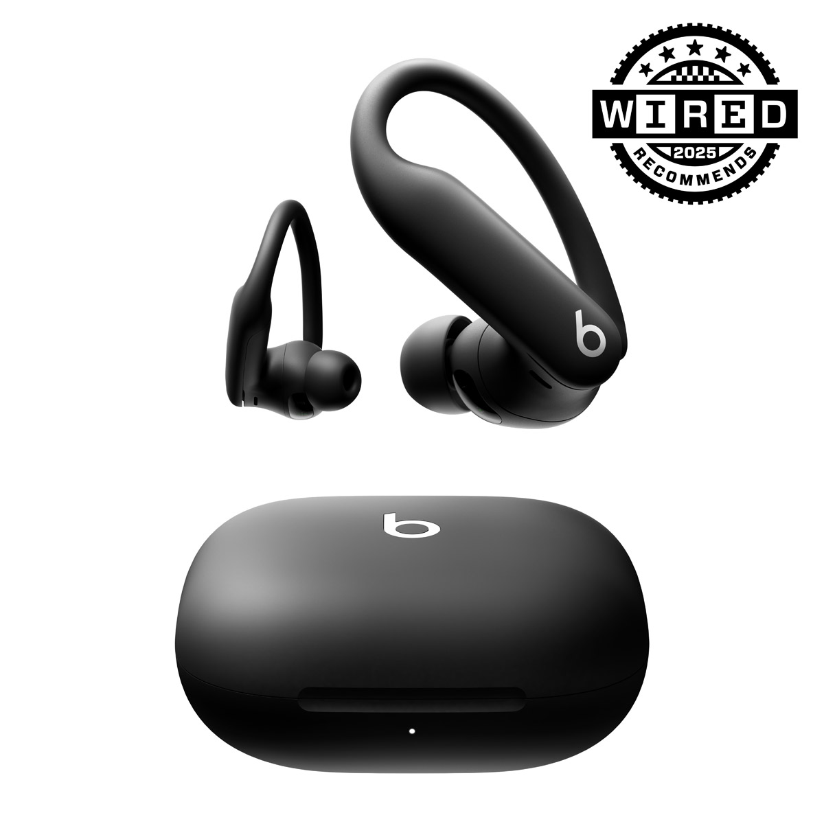 Close-up of Powerbeats Pro 2 in Jet Black with Wired 2025 Recommends badge.