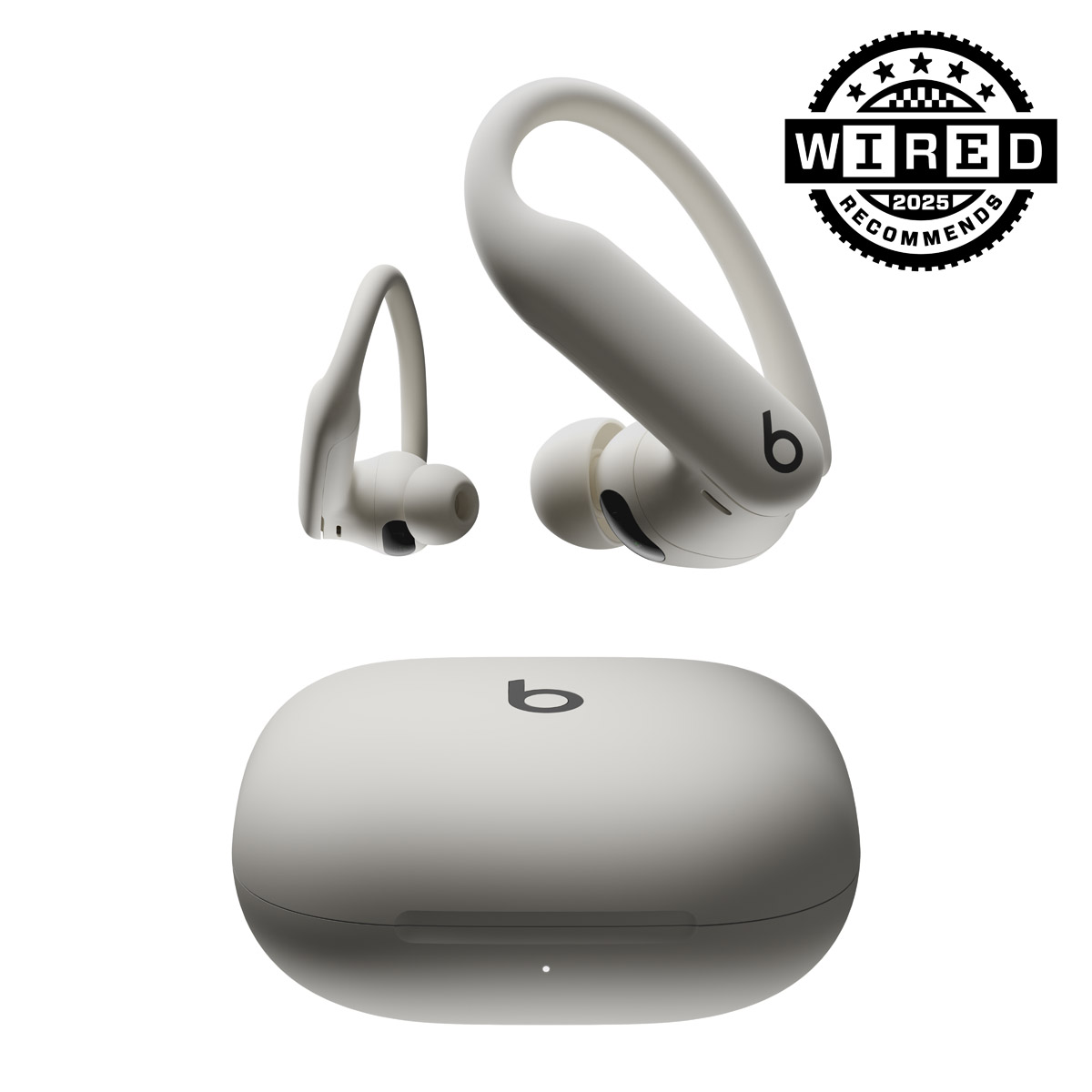 Close-up of Powerbeats Pro 2 in Quick Sand with Wired 2025 Recommends badge.