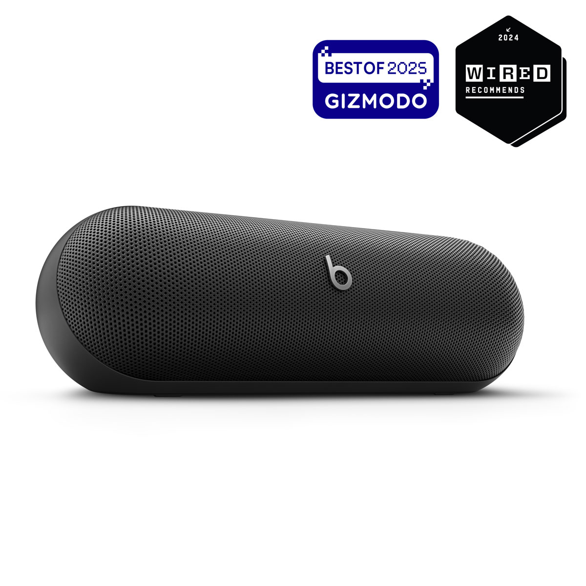 Beats Pill speaker in Matte Black with Best of 2025 Gizmodo badge and 2024 Wired Recommends badge
