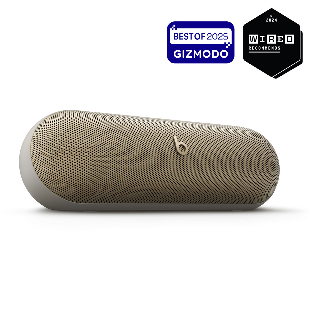 Close-up of Beats Pill in Champagne Gold with Best of 2025 Gizmodo badge and 2024 Wired Recommends badge.